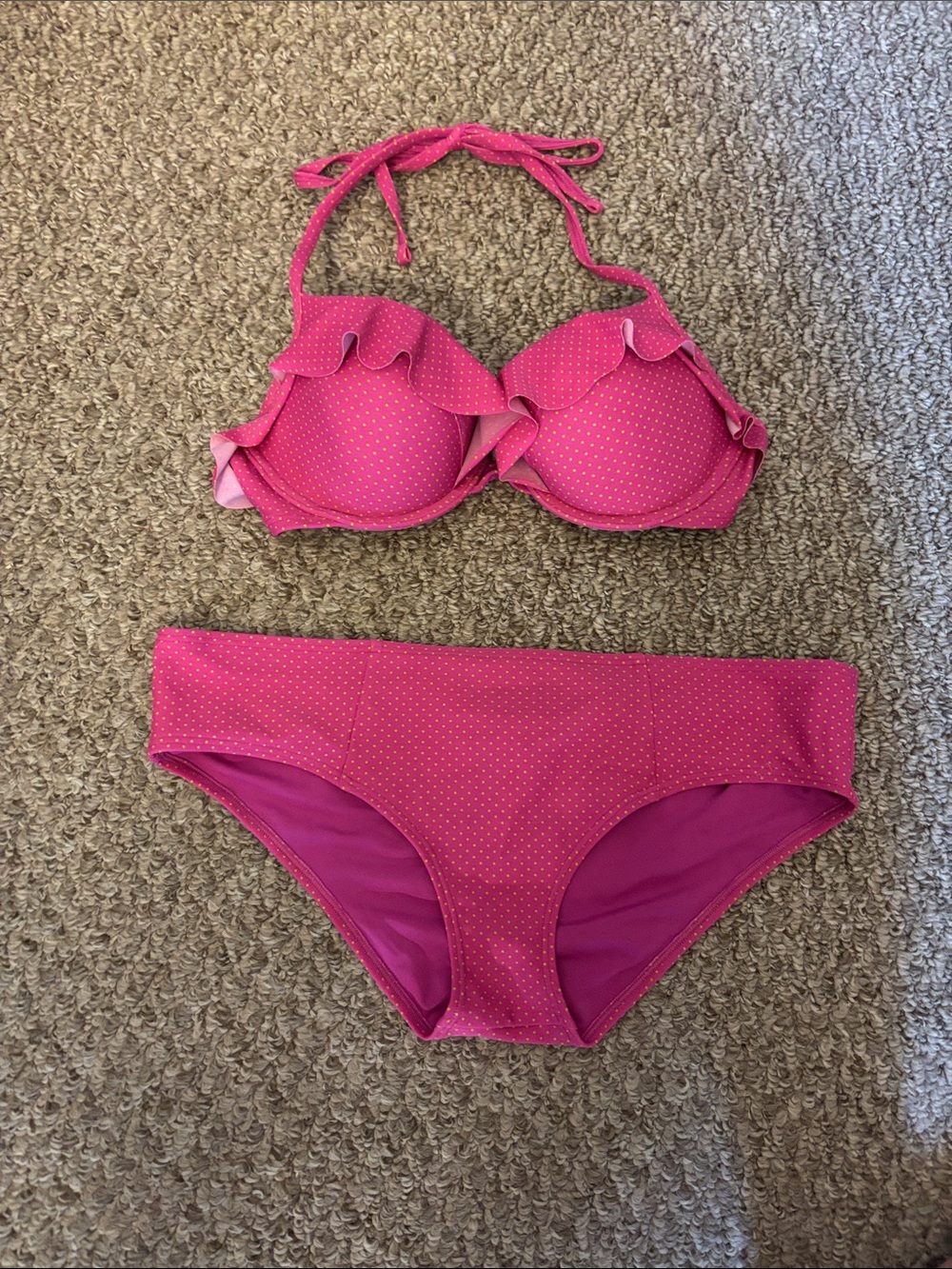 aerie Pink Polka Dot Ruffle Bikini